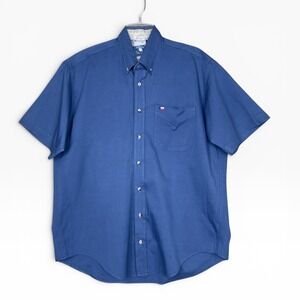 Texas Cotton VTG Button Down Shirt Mens L Blue Short Sleeve Contemporary Fit USA